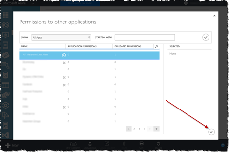 The API App selected in the 'Permissions to other applications' dialog window