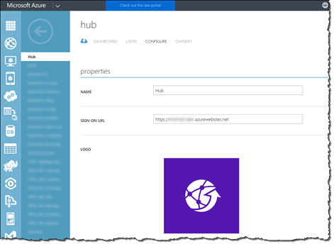 Mavention Hub AAD application entry details displayed in the old Azure Management Portal