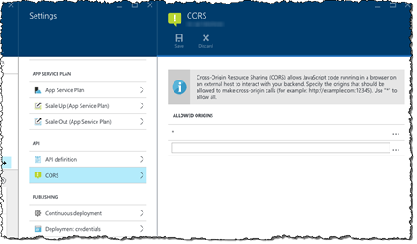 Allowed origins configuration for an Azure API App