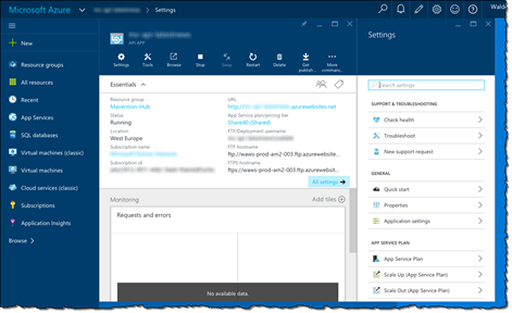 API App information blade displayed in the new Azure Management Portal