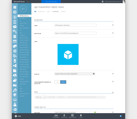 AAD registration page for an API App