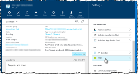 CORS options highlighted in the Settings blade of an Azure API App
